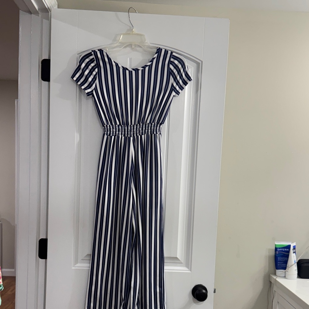 Chenault Girl Striped Navy and White Jumpsuit   Girls Size - 8